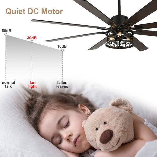 72" Rustic Large Ceiling Fan with Light and Remote 6-Speed 3-Light Farmhouse Metal Caged Black Ceiling Fan