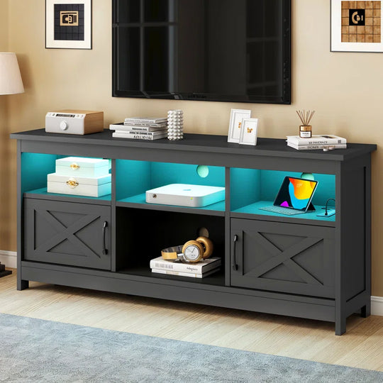 Mercato Modern Farmhouse TV Stand Media Console Media Center with LED Light and Charging Station