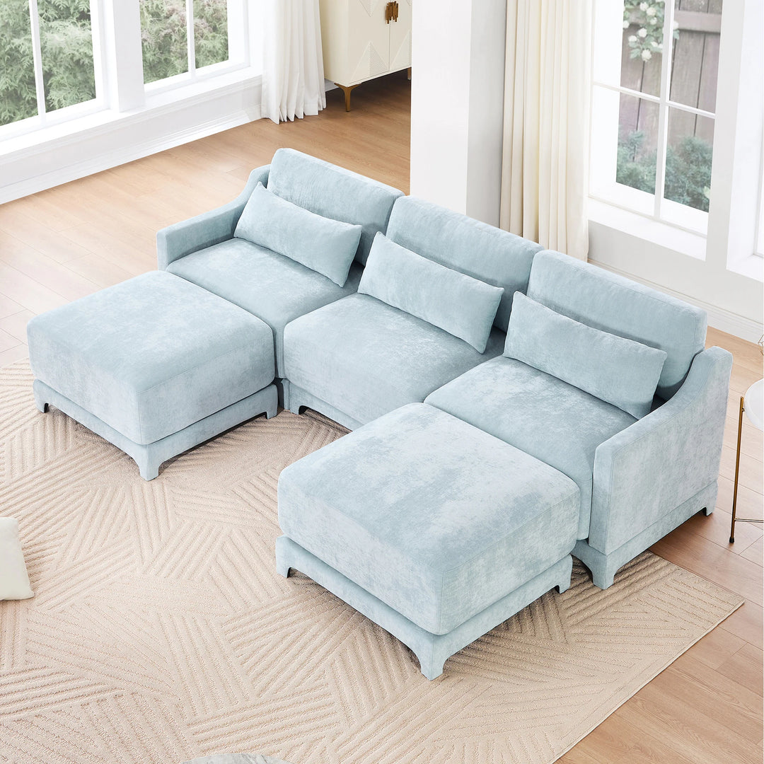 Modern Chenille 4-Seater Sofa with 2 Ottoman, Lumbar Cushions, Ergonomic Backrest, High-Resilience Spongeand Tufted Armrests
