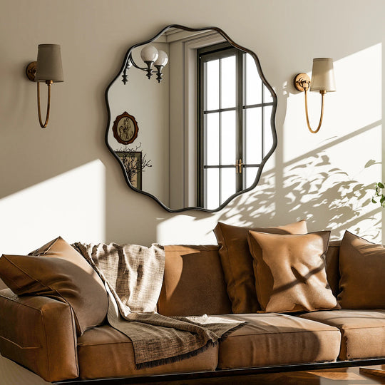 Round Wavy Bathroom Mirror Deep Frame Decorative Mirror Wall-Mounted