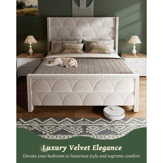 Hansabenne Solid Wood Bed Frame Queen and King Platform Bed Frame with Headboard White and Gray