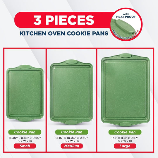 BAKKEN Kitchen Baking Pan Set - Nonstick Green Marble Coating, Carbon Steel Bakeware Sets with Green Silicone Handles,