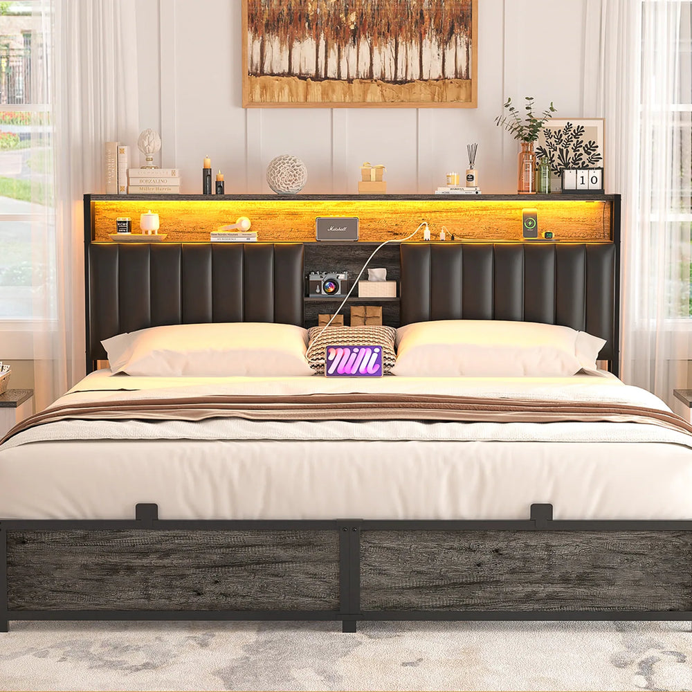 Upholstered Bed Frame with Storage Shelving, Platform Beds with Charge Station and LED Lights