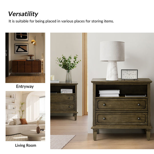 Kamilo Transitional 28''W 2-Drawers End Table with Built-In Charging Station and Solid Wood Legs by