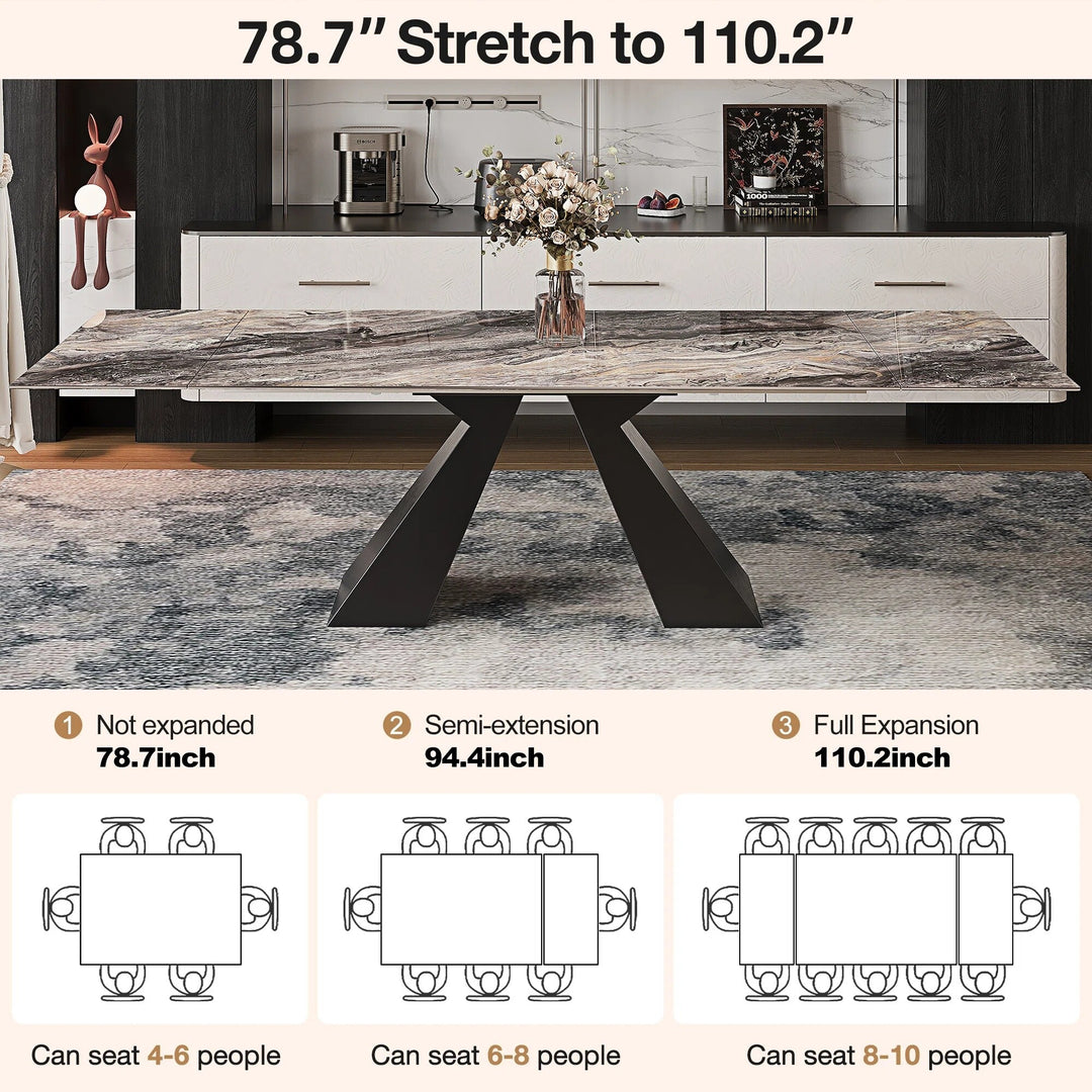 Minimalism Extendable Rectangular Sintered Stone Double Pedestal Dining Table Seat for 8-12 - 110.24"