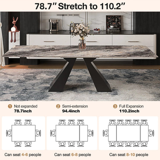 Minimalism Extendable Rectangular Sintered Stone Double Pedestal Dining Table Seat for 8-12 - 110.24"
