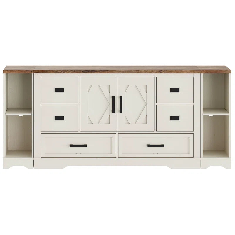 Glenford Modern Farmhouse 73.5" Wide Wood Barn Door Storage Cabinet with 6 Drawers and Open Storage Shelf