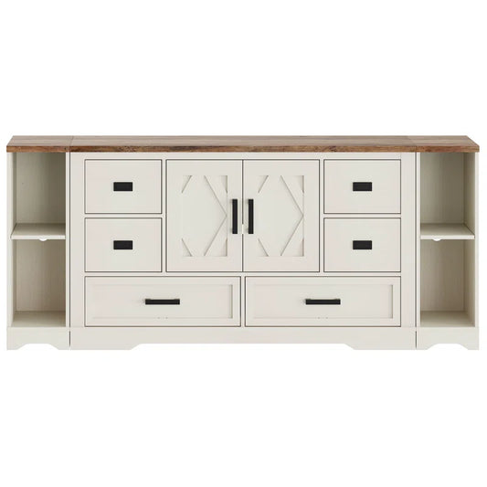 Glenford Modern Farmhouse 73.5" Wide Wood Barn Door Storage Cabinet with 6 Drawers and Open Storage Shelf