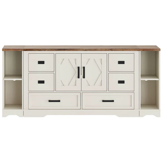 Glenford Modern Farmhouse 73.5" Wide Wood Barn Door Storage Cabinet with 6 Drawers and Open Storage Shelf