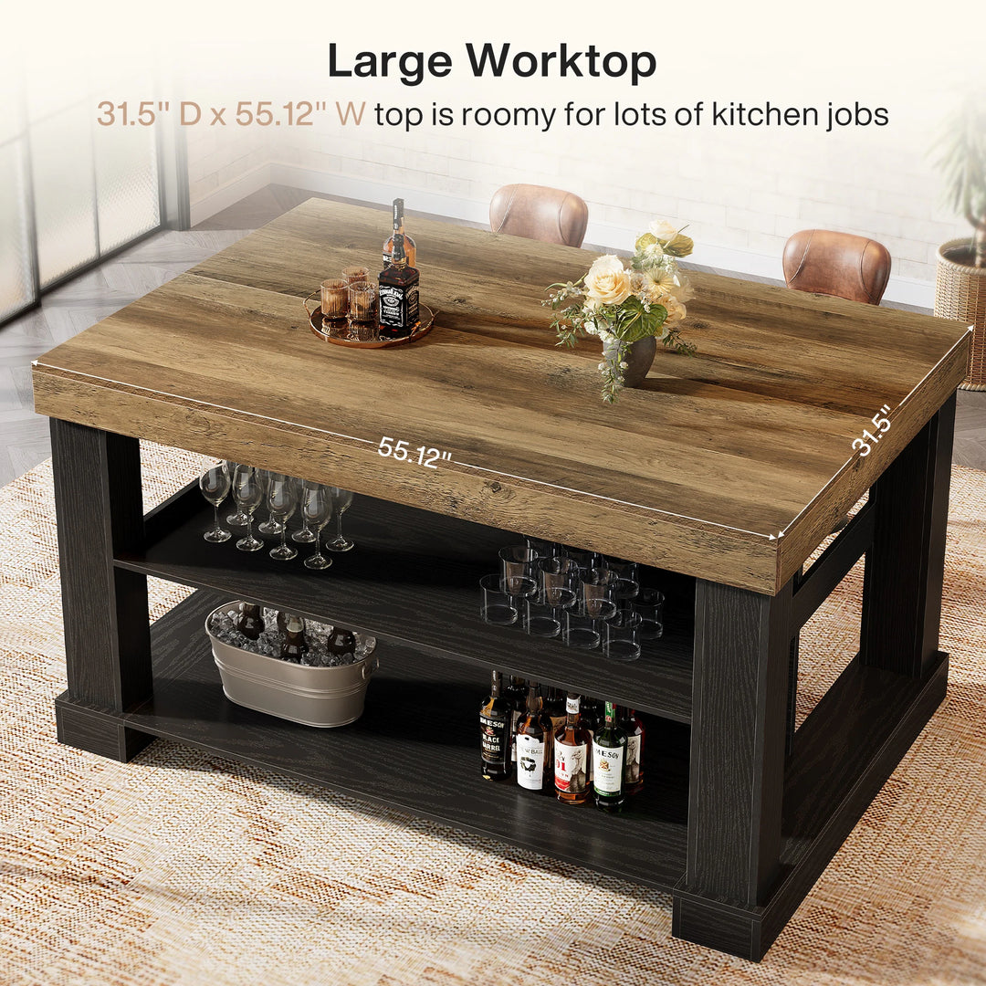 55-Inch Stationary Kitchen Island with Storage Shelves and Large Worktop, Farmhouse Style, Light Brown