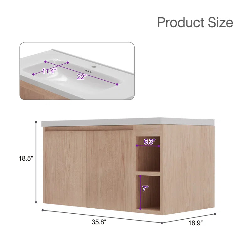 Modern 35.8" Wall-Mounted Single Bathroom Vanity with Ceramic Top