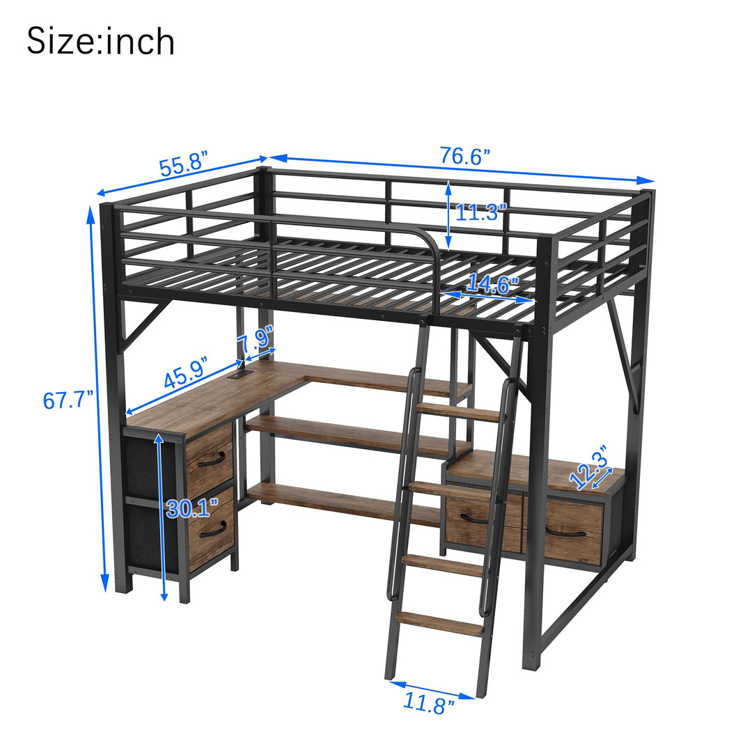 Full/Queen Size Metal Loft Bed with Desk, LED Lights, USB Ports, Shelves, Drawers, and Wardrobe, Black