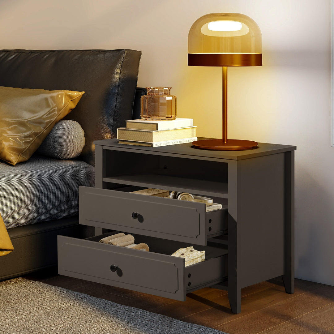 Wide Nightstand – 2‑Drawer Bedside Table with Open Shelf, MDF Wood End Table for Bedroom Living Room