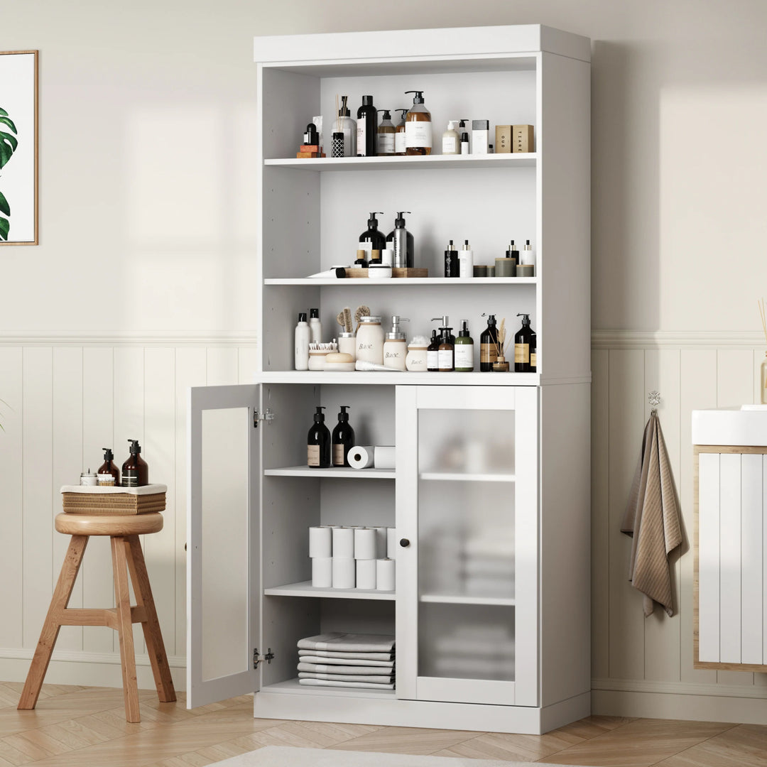 100% Solid Wood Bathroom & Laundry Storage Cabinet, Raised Panel Doors, Adjustable Shelves, 32" Wide, 71.5" Tall