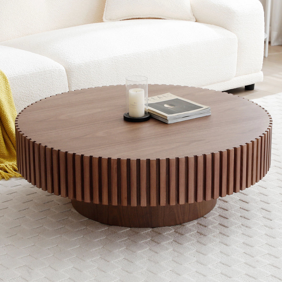 Modern Natural Black round Coffee Table with Sturdy Pedestal No Assembled