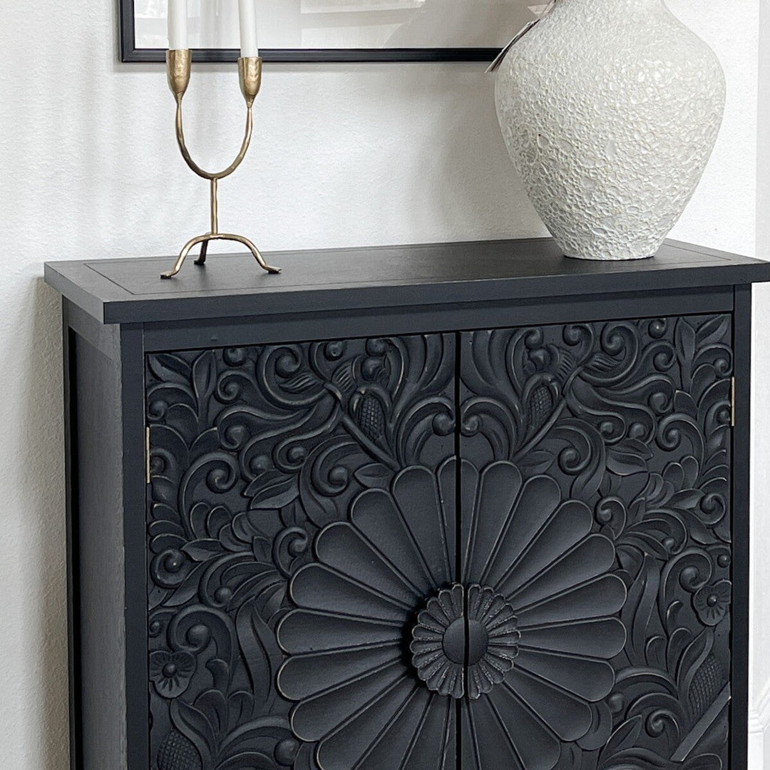 Vintage 2-Door Black Flower Carving Handle Distressed Storage Cabinet