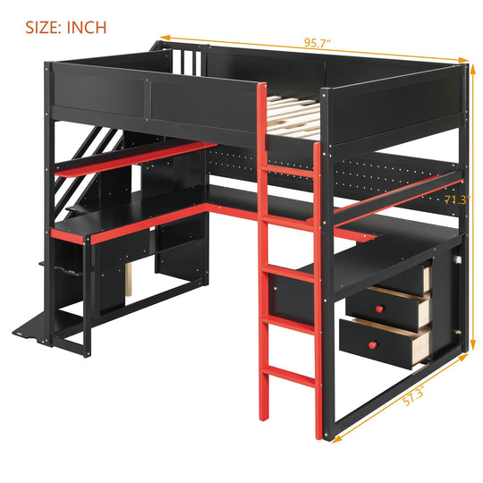 Full Size Wooden Gaming Loft Bed with Storage Stairs, Desk, Shelves and Pegboard
