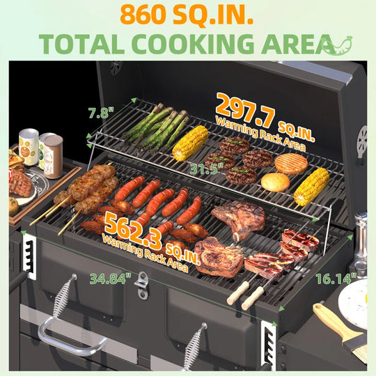 37.8" Dual Zone Charcoal Bbq Grill with Adjustable Charcoal Trays and 2 Foldable Side Table