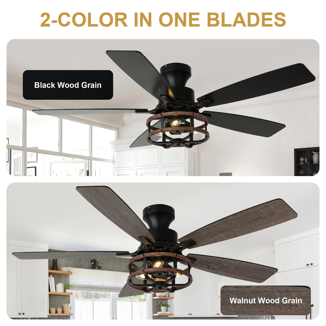 52-In Farmhouse Black Caged Ceiling Fan with Lights and Remote Control, Low Profile Flush Mount Chandelier Ceiling Fan