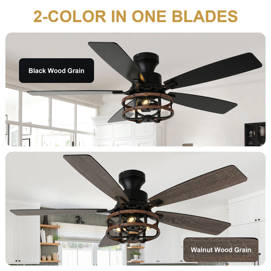 52-In Farmhouse Black Caged Ceiling Fan with Lights and Remote Control, Low Profile Flush Mount Chandelier Ceiling Fan