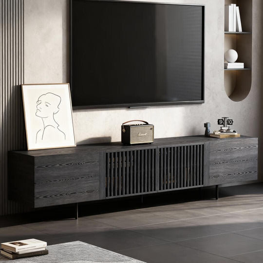 94.48 Inch Extra Long Black TV Stand with Slatted Doors, Modern Entertainment Center for Tvs up to 100 Inches,