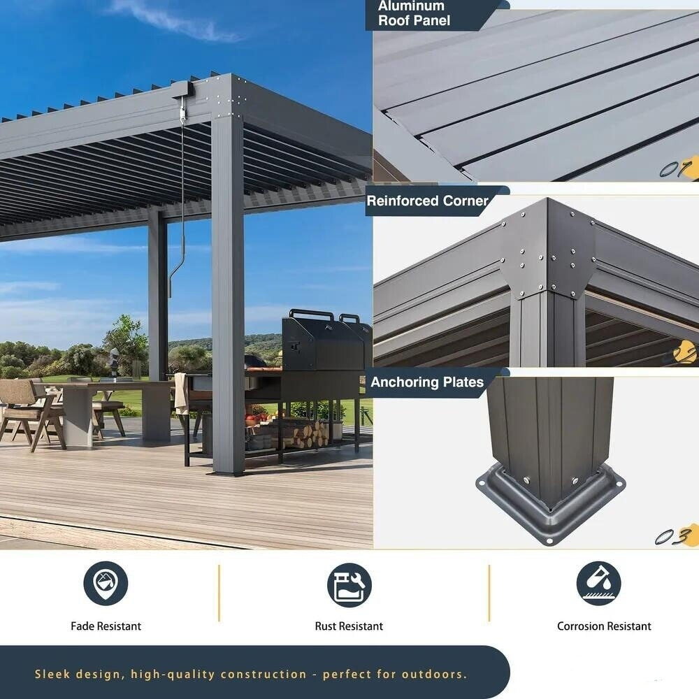 Outdoor Louvered Pergola Gazebo with Adjustable Aluminum Rainproof Roof and Pull-Down Screen