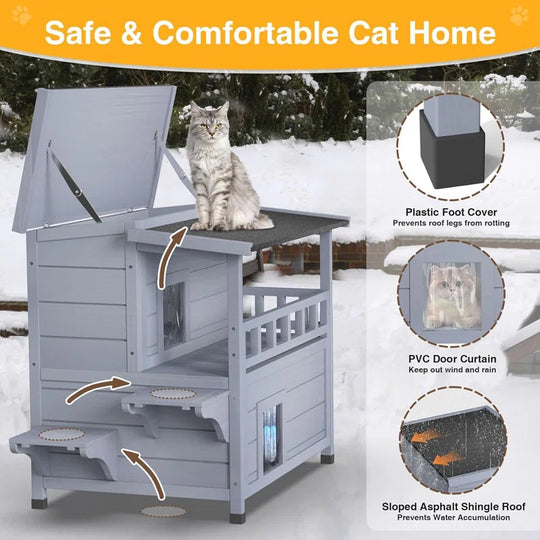 Heated Cat House, 2-Story Insulated Wooden Cat House with Liner, Heated Pad and Escape Door
