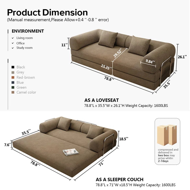 78.8" Modular Sofa Bed - 4-In-1 Convertible Design with Corduroy Fabric and High Density Sponge, Removable Cover and Fixed Frame