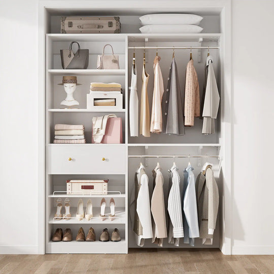 5FT Closet System with 2 Hanging Rods and Wooden Drawer, Walk-In Closet Organizer with 2 Wing Shelve and Adjustable Rack Shelves