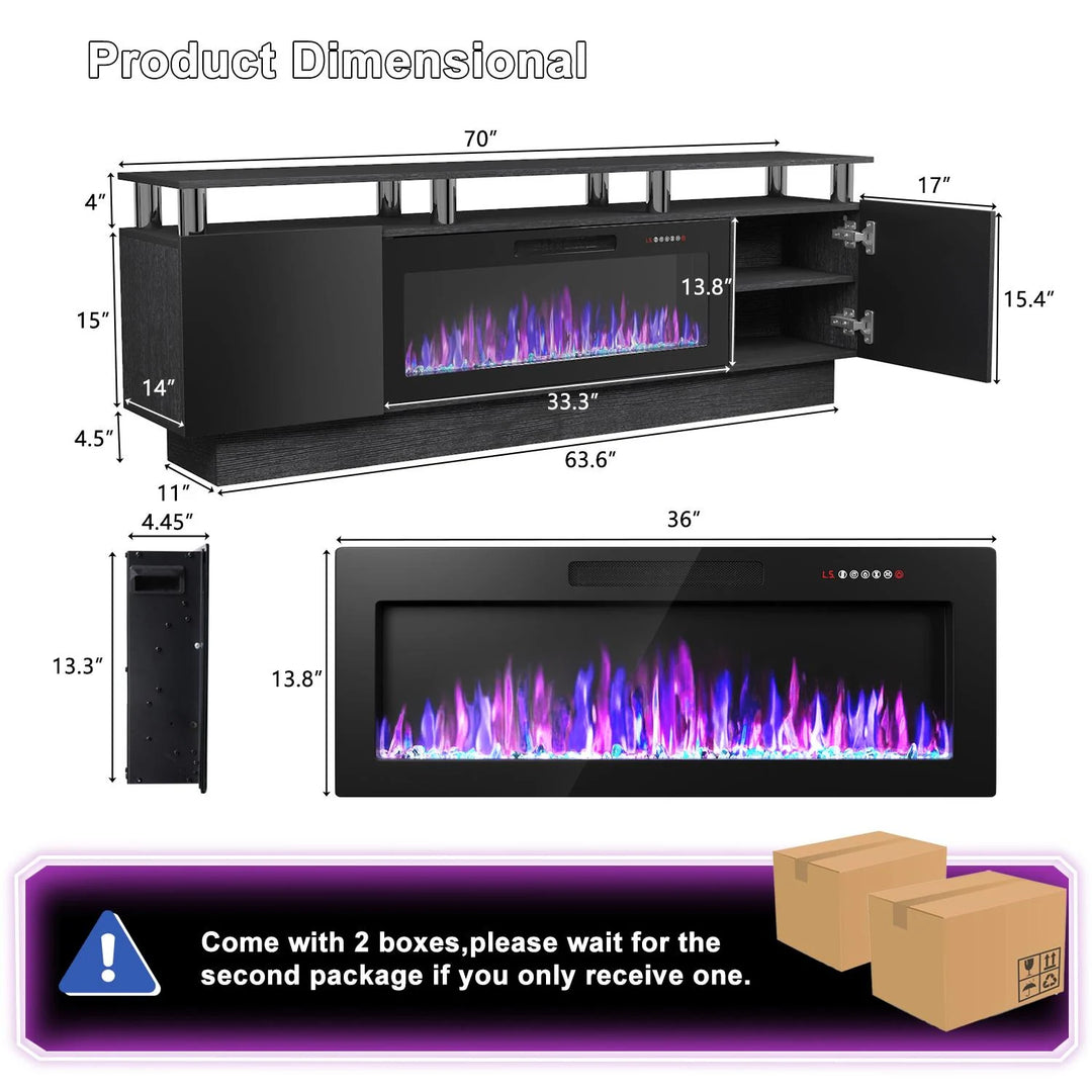 70" Modern Electric Fireplace TV Stand, with Electronic Flame and LED Lights, High Gloss Finish Entertainment Center