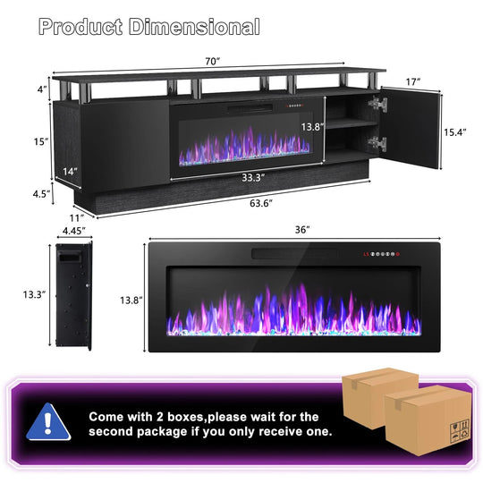 70" Modern Electric Fireplace TV Stand, with Electronic Flame and LED Lights, High Gloss Finish Entertainment Center