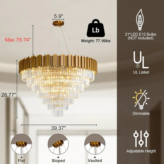 Large Crystal Chandelier - 35.4"Modern 6-Tier 17-Light Chrome Ceiling Light, Luxury K9 Crystal
