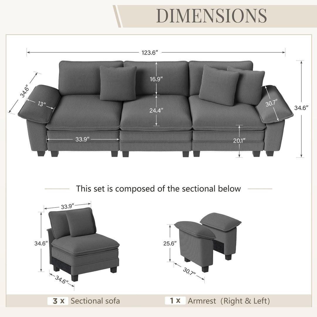 Cloud Modular Deep Seat Sofa, Chenille or Corduroy Sectional Couch with Removable Arms, 1–4 Seater