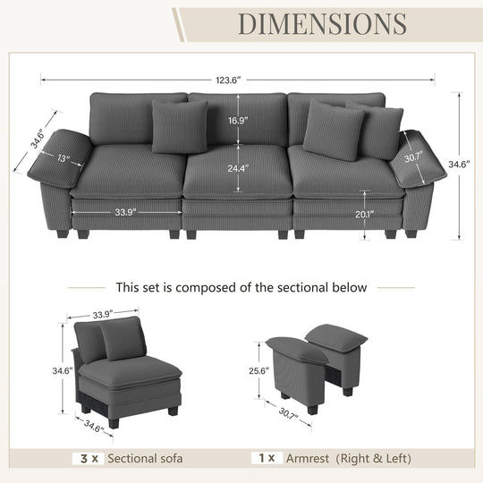 Cloud Modular Deep Seat Sofa, Chenille or Corduroy Sectional Couch with Removable Arms, 1–4 Seater