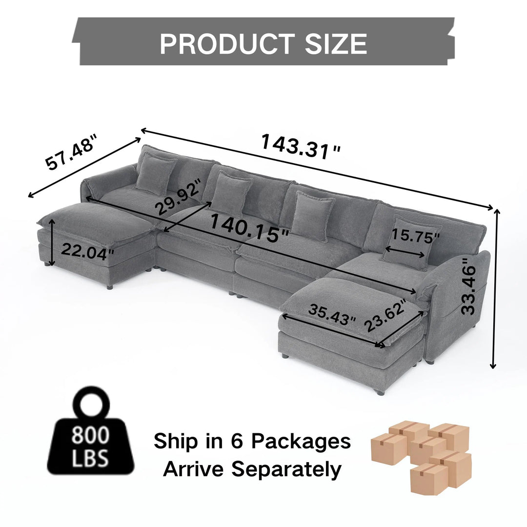 - 6-Piece Modular U-Shaped 143.31" Sectional Sofa with 2 Movable Ottomans