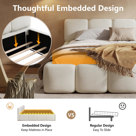 Modern Upholstered Bed Frame Block Style Grounded Bed with Thick Headboard, Lowprofile Wingback Bed Floor Bed Platform Bed Frame