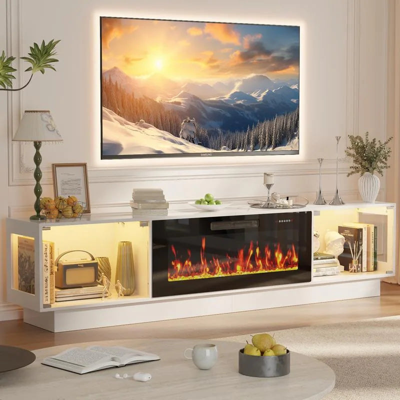 80" Fireplace TV Stand with Adjustable LED Lights, Modern Entertainment Center with Glass Door Storage Cabinet, Black