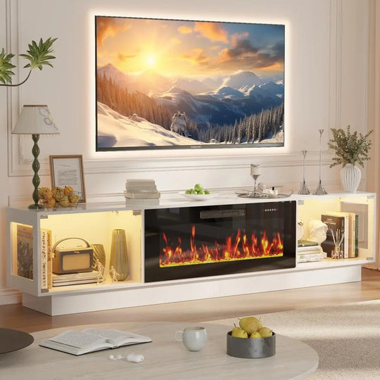 80" Fireplace TV Stand with Adjustable LED Lights, Modern Entertainment Center with Glass Door Storage Cabinet, Black