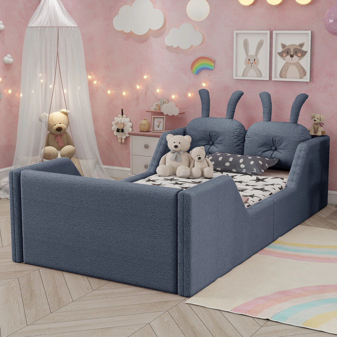 Twin Size Upholstered Platform Bed with Rabbit Cushion, Floor Upholstered Bed with Removable Side Rails