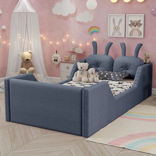 Twin Size Upholstered Platform Bed with Rabbit Cushion, Floor Upholstered Bed with Removable Side Rails