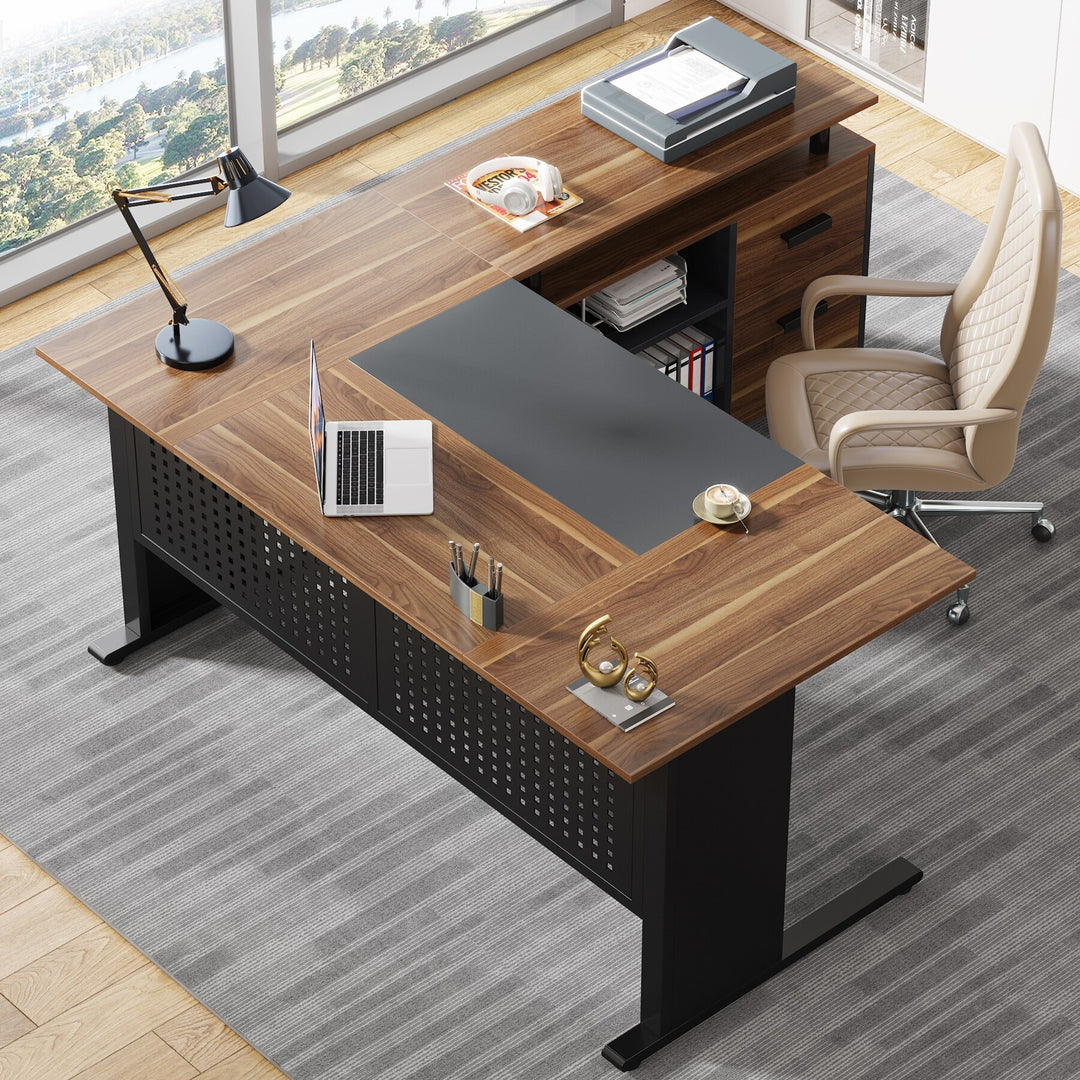 63 Inch Executive Desk with File Cabinet, Large Office Desk L Shaped Desk