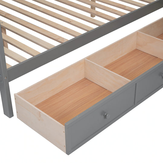 L-Shaped Bunk Bed with Three Drawers, Portable Desk and Wardrobe, Twin-Twin over Full Design