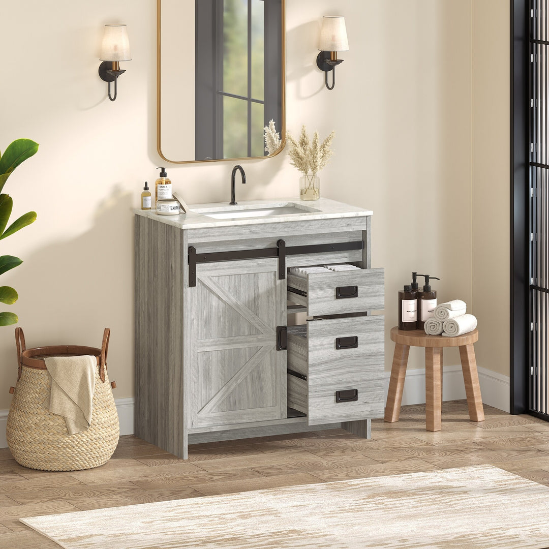 Farmhouse Bathroom Vanity with Ceramic Top and Sliding Barn Door Sink Cabinet, Rustic Single Sink Vanity
