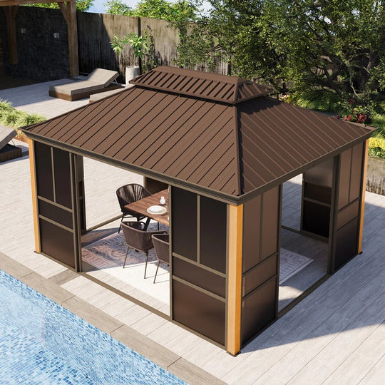 Outdoor Hardtop Sunroom Gazebo with Double Roof & Sliding Doors, All-Season Aluminum Outdoor Pergola, PE Screens&Lockable Design