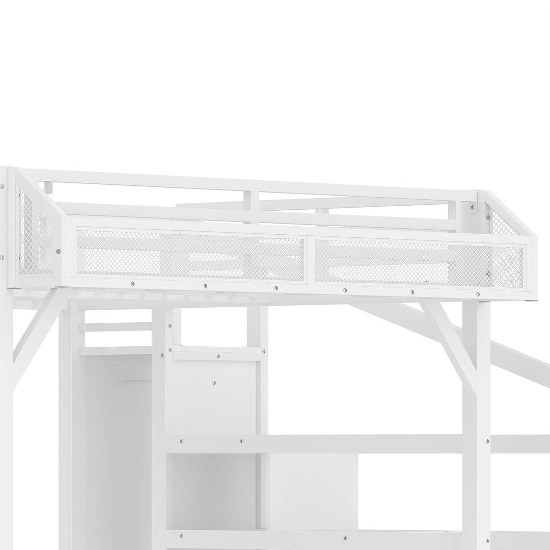Queen Metal Loft Bed with Storage Stairs, Built-In Wardrobe & Shelves, USB Ports, LED Lights, Noise-Reduced Design