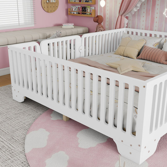 Full Size Montessori Floor Bed Frame with Safety Rails and Removable Door, Low Profile Kids Bed with Slatted Support