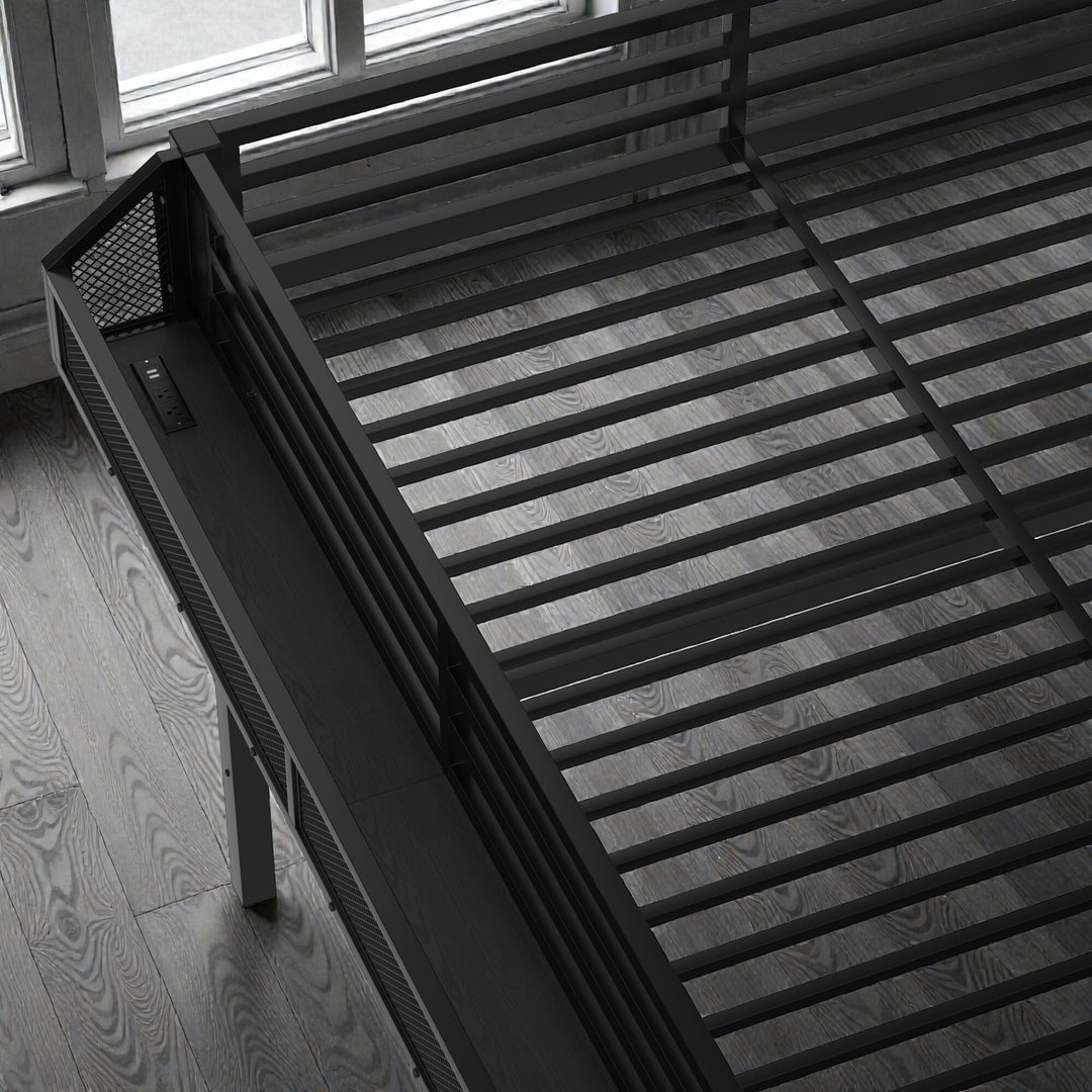 Metal Loft Bed with Storage Stairs, Built-In Wardrobe, Shelves, USB Ports, LED Lights & Noise-Reduced Frame