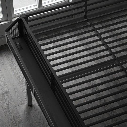 Metal Loft Bed with Storage Stairs, Built-In Wardrobe, Shelves, USB Ports, LED Lights & Noise-Reduced Frame