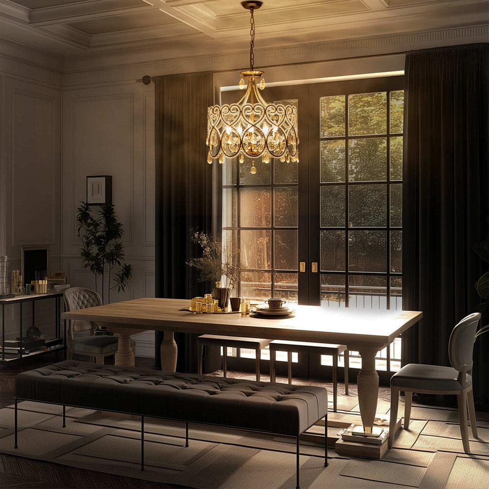 5-Light Mid-Century Glam Antique Distressed Gold, Cylinder, Drum Crystal Chandelier for Dining Room