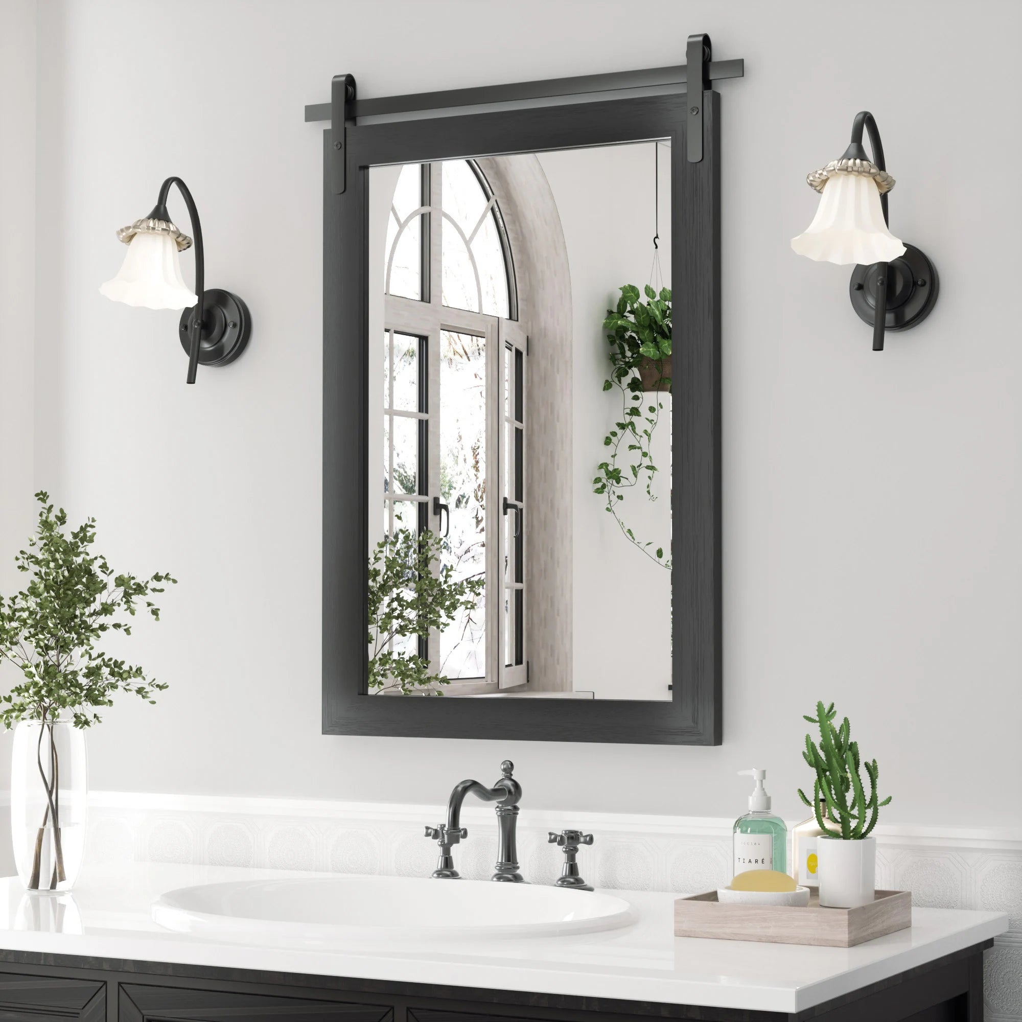 Farmhouse Barn Door Solid Wood Frame Bathroom Vanity Wall Mirror